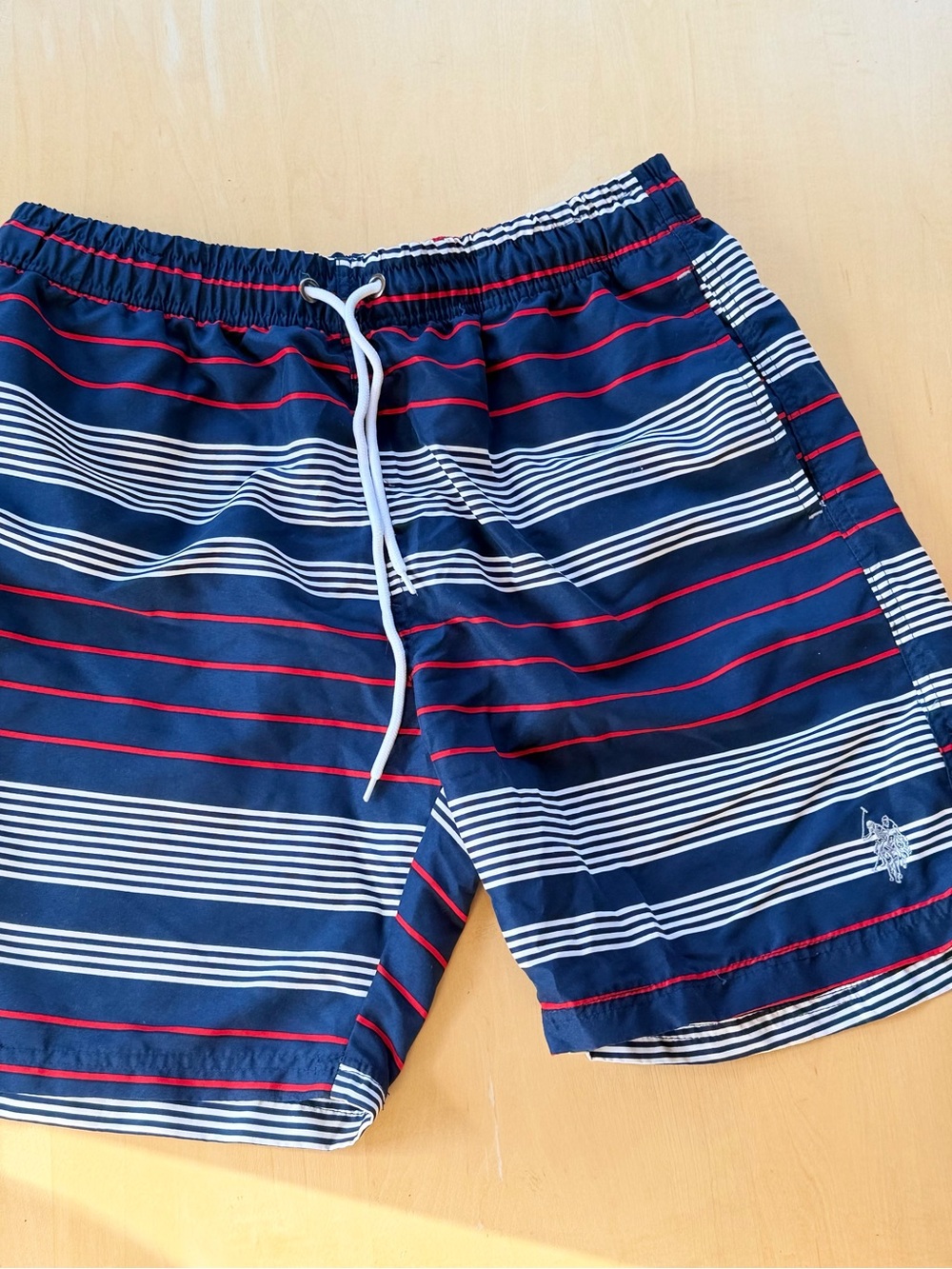 US Polo  by Ralph Lauren Navy Swim Trunks with White and Red Stripes